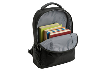 Fototapeta premium An open black backpack filled with multiple colorful books, ready for school, travel, or everyday use, on a transparent background. background removed