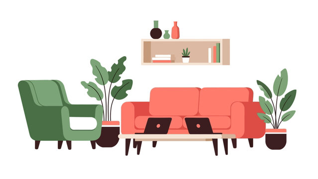 Modern flat style living room with red sofa and green armchair