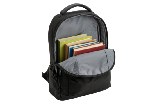 An open black backpack filled with multiple colorful books, ready for school, travel, or everyday use, on a transparent background. background removed - Powered by Adobe