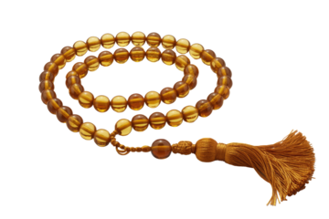 Elegant amber prayer beads (tasbih) with a golden tassel, featuring translucent round beads arranged in a decorative spiral. Perfect for spiritual practice. background removed