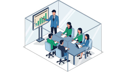Business team meeting in modern office isometric room with presentation