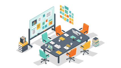 Obraz premium Modern isometric office meeting room with colorful chairs and presentation board