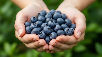 Hands Cupping Fresh Blueberries with Green Foliage Background