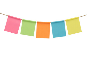 Five vibrant sticky notes in pink, green, orange, blue, and yellow, strung on twine, offer a colorful way to display messages. background removed