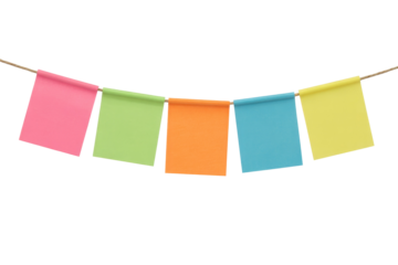 Five vibrant sticky notes in pink, green, orange, blue, and yellow, strung on twine, offer a colorful way to display messages. background removed