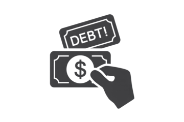 This icon shows a hand holding a dollar note, signifying payment or dealing with "DEBT!". It represents financial obligations and managing liabilities. background removed