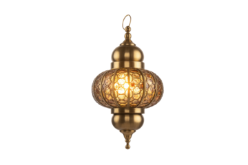 An ornate golden Moroccan hanging lantern with intricate metalwork, featuring a warm, glowing light source within its decorative glass elements. background removed