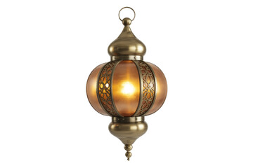 An elegant antique brass Moroccan-style lantern with intricate metalwork and a warm glowing light, hanging against a solid transparent background. background removed
