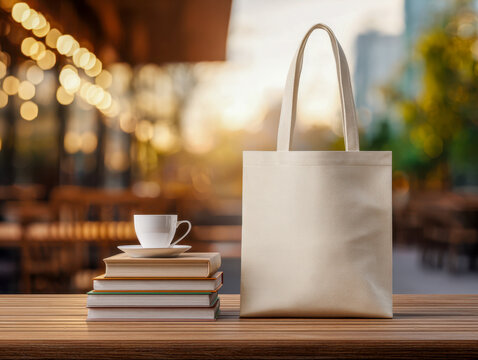 Minimalist reusable beige tote bag standing on a wooden table near stack of books and coffee cup with blurred outdoor cafe lights on a warm sunny day