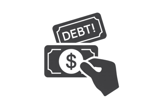This icon shows a hand holding a dollar note, signifying payment or dealing with "DEBT!". It represents financial obligations and managing liabilities. background removed - Powered by Adobe