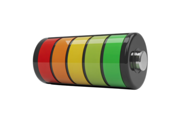 A 3D battery icon with a full charge indicator, showing colorful segments from red to green, representing power levels. background removed