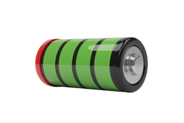 A vibrant 3D rendering of a fully charged battery, showcasing its green power level and metallic terminals. Essential for energy and power concepts. background removed