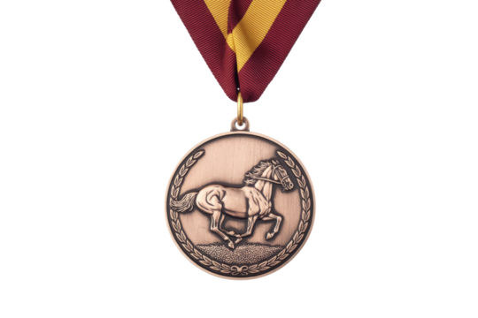 A bronze medal with a relief of a galloping horse encircled by a wreath, hanging from a maroon and gold ribbon, isolated. background removed