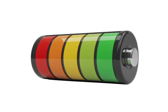 A 3D battery icon with a full charge indicator, showing colorful segments from red to green, representing power levels. background removed