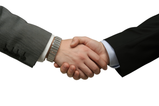 A professional handshake between two individuals in business suits, symbolizing agreement, partnership, or greeting. One person wears a distinctive metal watch. background removed