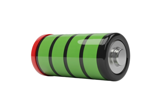 A vibrant 3D rendering of a fully charged battery, showcasing its green power level and metallic terminals. Essential for energy and power concepts. background removed