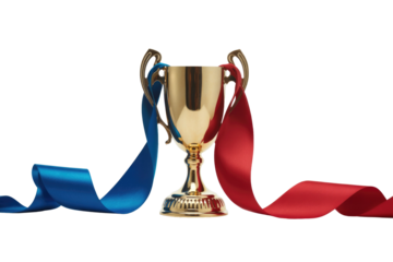 A gleaming golden trophy with elegant handles and flowing blue and red ribbons stands proudly, symbolizing achievement, victory, and success. background removed