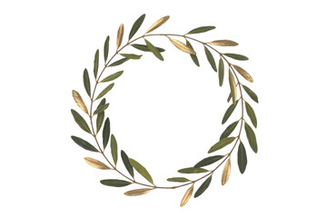 A beautiful olive branch forms a delicate circular wreath, featuring stylized green and golden leaves. Perfect for elegant, natural designs. background removed
