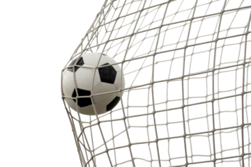 A classic black and white soccer ball perfectly nestled in the white goal net, signifying a scored goal against a clear transparent background. background removed
