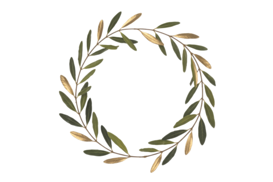 A beautiful olive branch forms a delicate circular wreath, featuring stylized green and golden leaves. Perfect for elegant, natural designs. background removed
