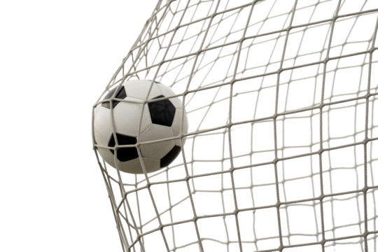 A classic black and white soccer ball perfectly nestled in the white goal net, signifying a scored goal against a clear transparent background. background removed