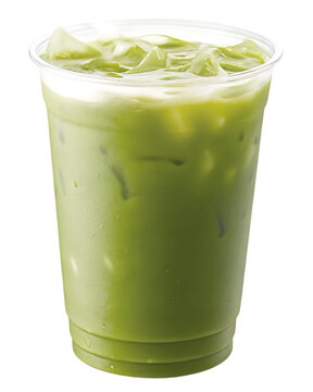 Iced matcha latte in clear plastic cup isolated on a transparent background green tea 2