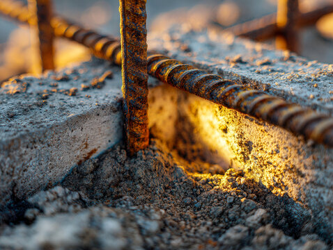 Rusted steel reinforcement bars embedded in fresh concrete foundation illuminated by warm sunlight in a construction site setting with detailed texture and focus