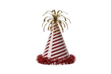 A cheerful striped party hat featuring gold ribbons and a red tinsel trim, perfect for celebrations. background removed