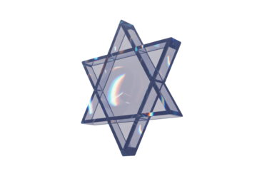 A mesmerizing transparent Star of David crafted from crystalline material, refracting light with vibrant chromatic aberrations against a deep green backdrop. background removed