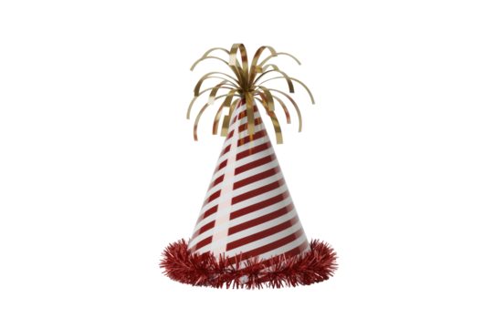 A cheerful striped party hat featuring gold ribbons and a red tinsel trim, perfect for celebrations. background removed