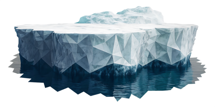 Jagged iceberg floating in dark blue water isolated on a transparent background ocean