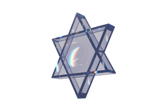A mesmerizing transparent Star of David crafted from crystalline material, refracting light with vibrant chromatic aberrations against a deep green backdrop. background removed