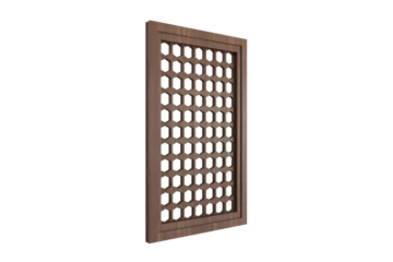 A stylish dark brown wooden decorative panel featuring a repeated pattern of elegant hexagonal cutouts. Perfect as a screen or architectural element. background removed