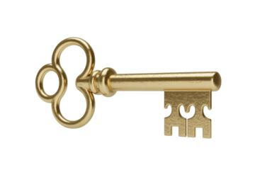 A beautifully rendered golden skeleton key with intricate details, set against a simple transparent background, evoking mystery and access. background removed