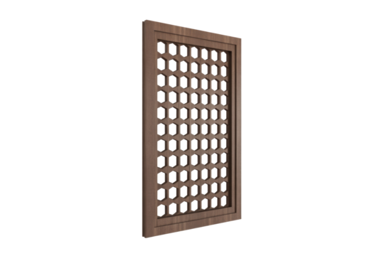 A stylish dark brown wooden decorative panel featuring a repeated pattern of elegant hexagonal cutouts. Perfect as a screen or architectural element. background removed