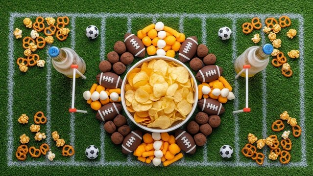 Snacks arranged as football field with chips, pretzels, mini balls and drinks on green turf. Perfect for game day, Super Bowl, sports party, tailgate, junk food, friends gathering.
