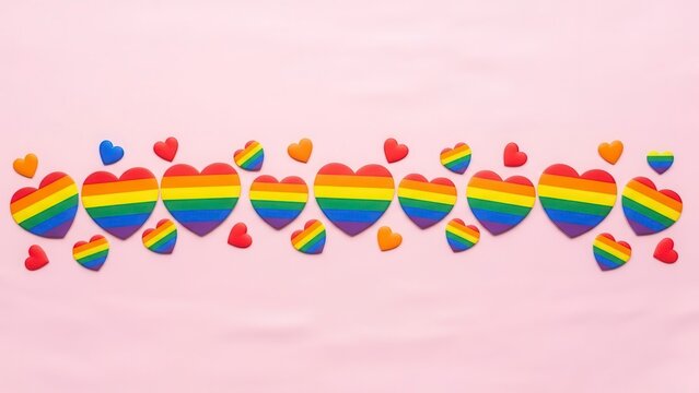 Line of rainbow LGBT hearts on soft pink background. Pride banner, equality message, diversity support, love is love, social movement, poster template, celebration, inclusive community, - Powered by Adobe