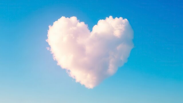 Fluffy white heart shaped cloud on clear blue sky, romantic love and dream concept background with copy space.