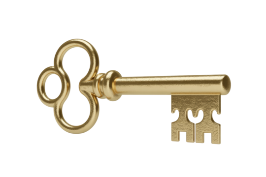 A beautifully rendered golden skeleton key with intricate details, set against a simple transparent background, evoking mystery and access. background removed