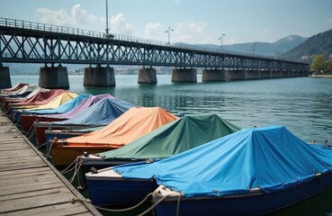 Small colorful boats neatly tied at wooden pier, covered by vibrant protective tarps. Large, intricate metal bridge extends across serene lake, backed by rolling hills, clear blue sky. Shows calm