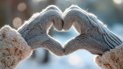 Warm, cozy gloves forming a heart shape against a soft, blurred winter background, evoking feelings of love and warmth in chilly weather.