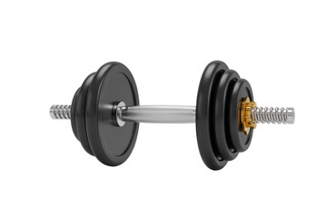 Fototapeta premium An adjustable dumbbell featuring black weight plates, a silver textured handle, and securing collars, one gold-toned, ready for fitness and strength training. background removed