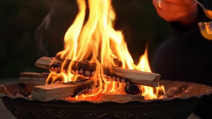 Person Holding A Match To Ignite Wood Logs In An Outdoor Fire Pit With Flickering Orange Flames And Smoke At Dusk With A Dark Blurred Background