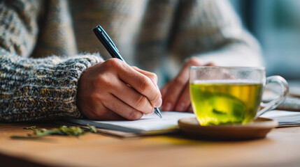 A cozy scene featuring a person writing in a notebook with a green tea cup nearby, evoking warmth and creativity.