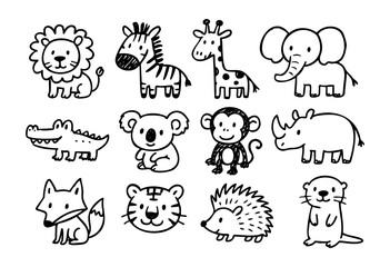 Obraz premium Cute hand-drawn doodle animals — cartoon zoo creatures and wildlife — stock vector.