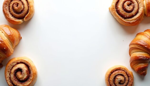 Fresh baked cinnamon rolls and flaky croissants sit on white surface. Sweet pastries form a creative frame around blank copy space. Delicious breakfast treats ready for your text, design, or promo.