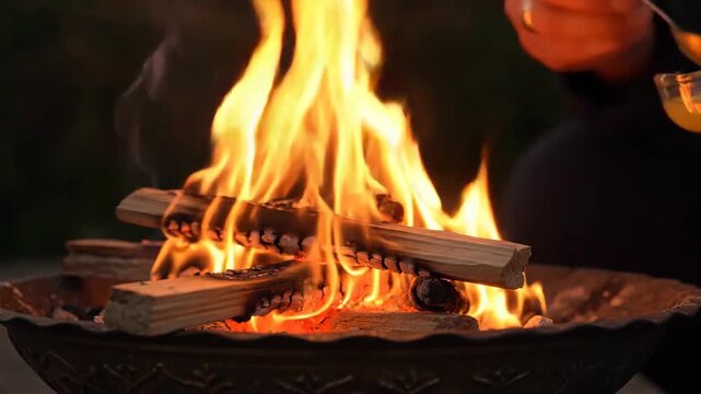 Person Holding A Match To Ignite Wood Logs In An Outdoor Fire Pit With Flickering Orange Flames And Smoke At Dusk With A Dark Blurred Background - Powered by Adobe