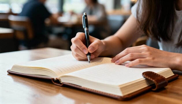 A woman's hands hold a pen above a notebook. The girl writes in the notebook. - Powered by Adobe