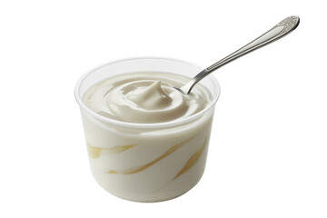 A clear cup of creamy white yogurt with golden swirls and a decorative silver spoon, ready to eat, isolated on a transparent background. background removed