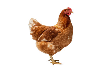 Fototapeta premium A beautiful brown hen with a vibrant red comb and wattle stands gracefully, showcasing its rich plumage against a clean backdrop. background removed